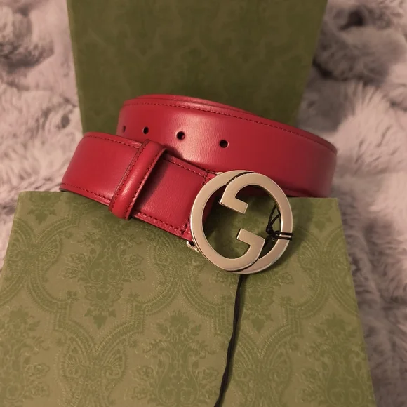 GUCCI BELT BLONDIE GG LOGO Silver BUCKLE RED LEATHER sz 100/ 40-NEW - Picture 5 of 10
